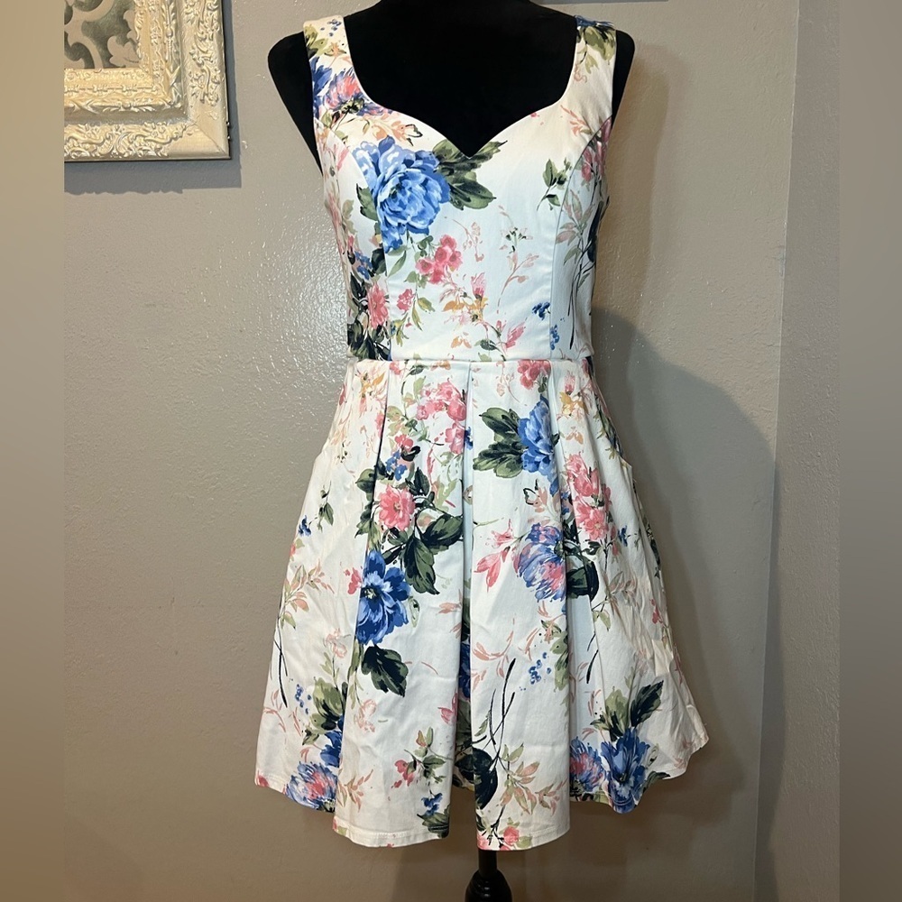 Floral Sleeveless Dress - White with Blue and Pink Accents